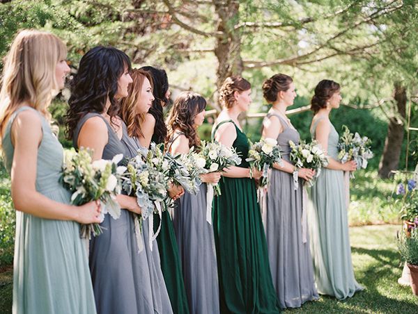  mismatched  blue  and green bridesmaid  dresses 